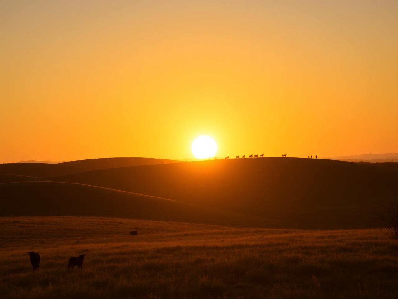Atardecer en rancho con silueta de ganado